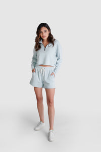 Light blue Pima Cotton French Terry cropped half zip for women