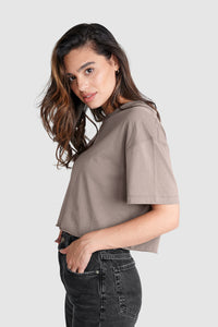Light brown Pima Cotton lightweight jersey cropped boxy tee for women